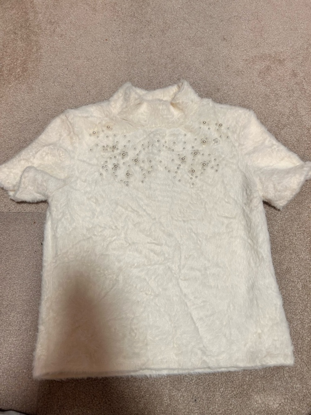 Zara Cream Fuzzy Short Sleeve Sweater with Stud Detail
